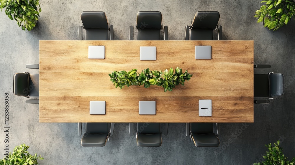 Aufkleber modern conference room overhead view with empty space for text and green plants on a stylish wooden 