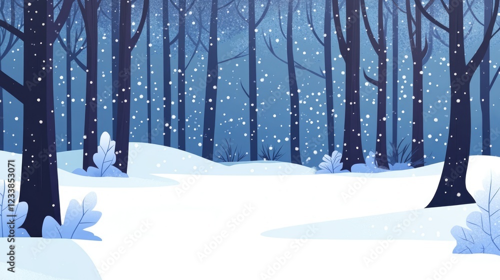 Aufkleber winter forest scene featuring falling snow with serene blue tones and ample empty space for text or 