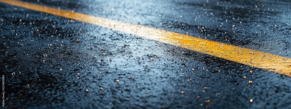 Poster Wet Road Surface After Rain with Reflection Effect and Mountain View in the Background Ideal for Text Overlay Design