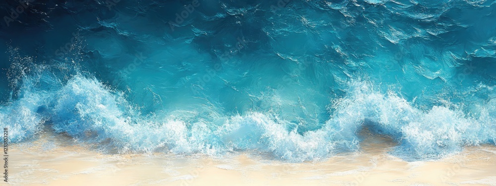 Poster turquoise waves gently crashing on a pristine white sand beach with ample empty space ideal for text