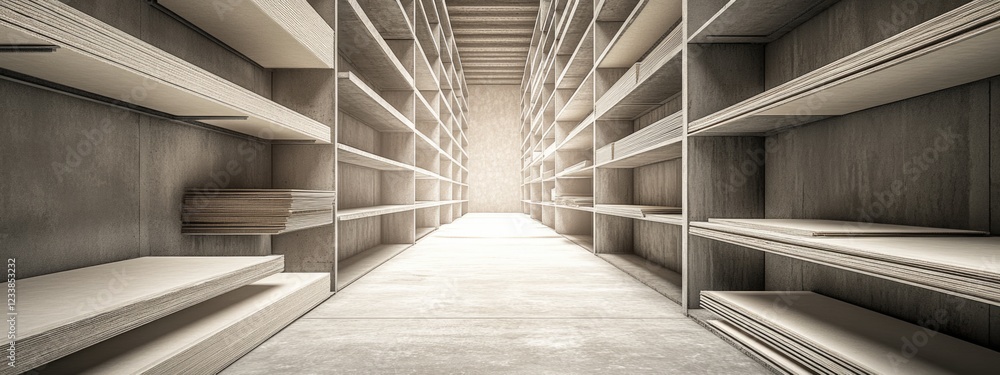 Poster warehouse aisle featuring spacious shelves of drywall creating ample empty space for text or graphic