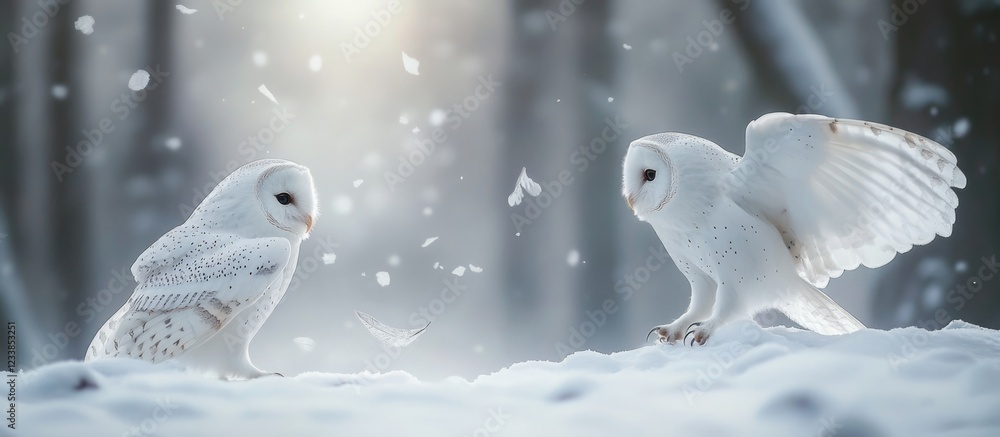 Poster white owls interacting playfully in a snowy landscape minimalist forest scene ample space for custom