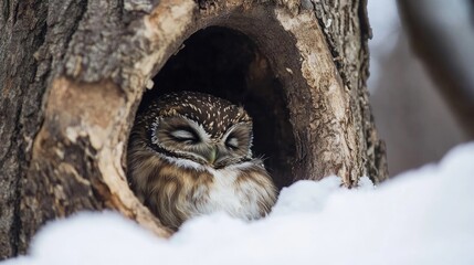 Winter Hibernation of a Sleepy Owl Nestled in a Tree Hollow Surrounded by Snow
