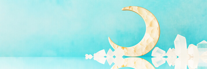 Quiet Ramadan with an alabaster moon and crystal highlights, soft blue gradient background