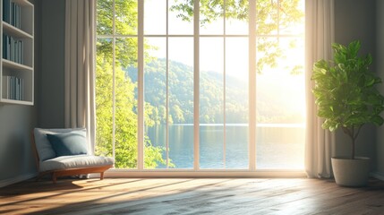 Fototapeta premium Tranquil Living Room with Window View of Lake and Morning Light Streaming Through in Springtime Ambiance