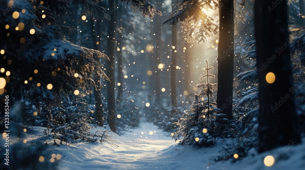Poster winter forest mockup with snow bokeh lights and empty text space for creative designs and holiday pr