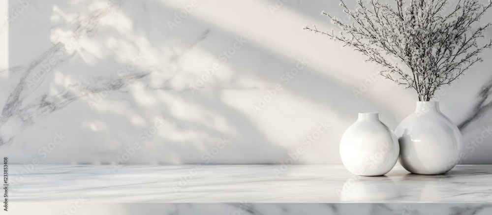 Poster elegant white marble table featuring minimalistic decor with vases and ample blank space for persona