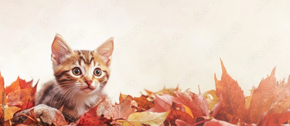 Poster cat peeking out from colorful autumn leaves with empty space for text and copy in a warm, cozy setti