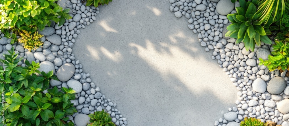 Poster top view of white pebbles in garden surrounded by greenery with empty space for text or design eleme