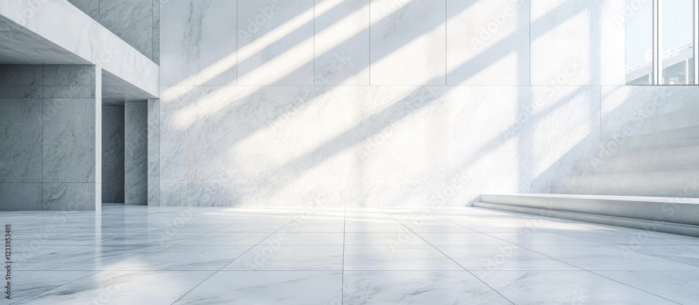 Poster white marble texture interior with ample blank space for text and light streaming through architectu