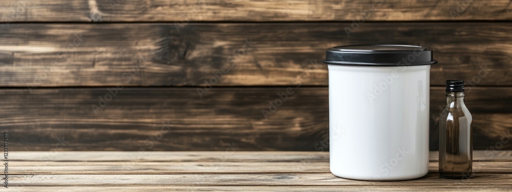 Poster white plastic container with black lid on wooden floor next to open bottle and empty copy space for 