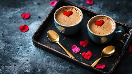 Romantic coffee cups with gold spoons and heart decorations on a dark tray ideal for love-themed visuals and celebration promotions