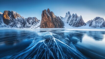 Fototapeta premium Beautiful majestic landscape with frozen icy lake surface
