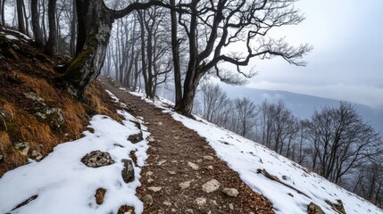 A scenic winter path winds through bare trees, dusted with snow, under a cloudy sky, creating a tranquil and moody atmosphere.