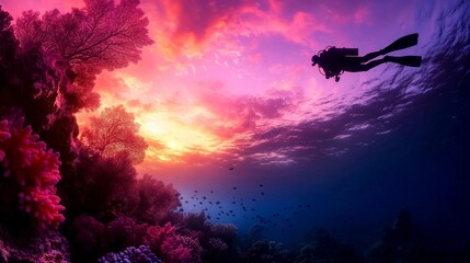 A diver glides through vibrant coral reefs under a stunning sunset, showcasing the beauty of underwater exploration and marine life.