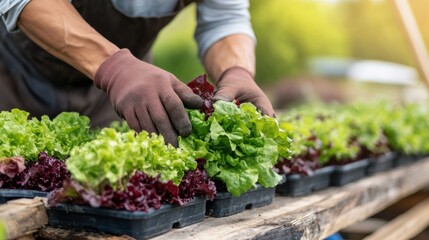 A gardener tends to vibrant lettuce plants, showcasing the beauty of fresh produce in a nurturing, green environment.