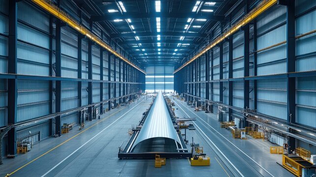 Wind turbine blade manufacturing facility interior showcasing large production area and advanced industrial equipment. - Powered by Adobe