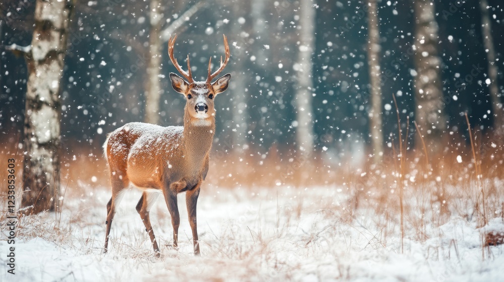 Poster winter forest scene with snowfall and deer in natural habitat featuring ample space for text overlay