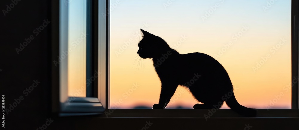Aufkleber silhouette of a cat on a windowsill at dusk with ambient light creating a tranquil atmosphere in an 