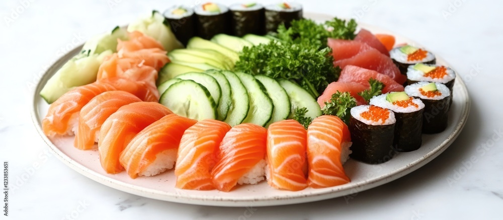 Poster assorted sushi platter with salmon avocado cucumber and sashimi on a white plate with empty space fo