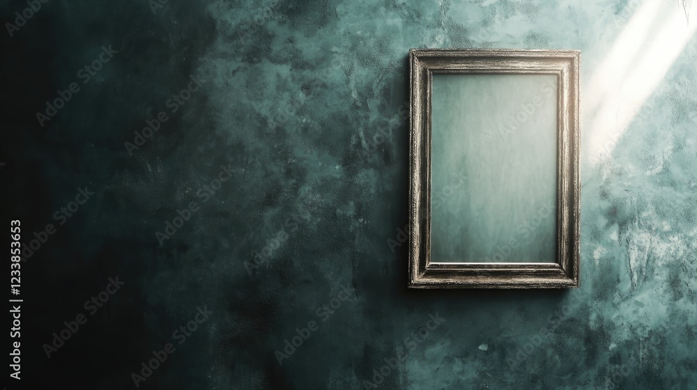 Poster antique photo frame on vintage wall with empty copyspace for text and subtle light reflection