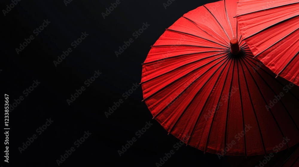 Poster vibrant red umbrellas against a dark background creating a serene atmosphere with ample space for te