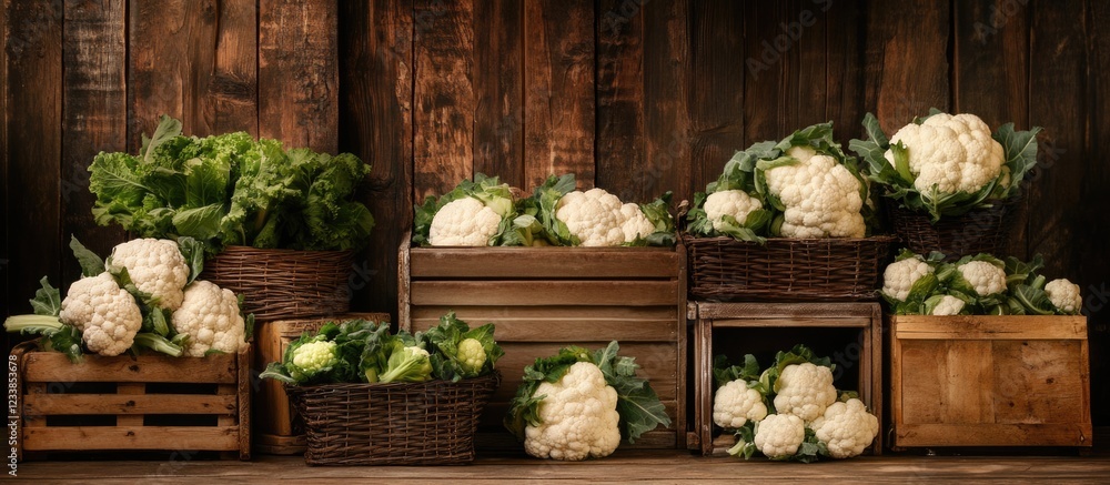 Aufkleber fresh cauliflower florets displayed in rustic baskets and crates with empty space for text on wooden