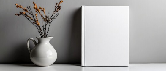 A minimalist arrangement featuring a blank book beside a vase with dried flowers against a neutral background.