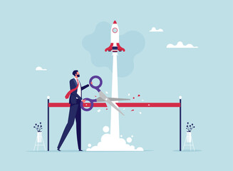 Startup launch new product ceremony or great beginning celebration event, cut ribbon to start new business, businessman holding scissors to cut red ribbon start new company