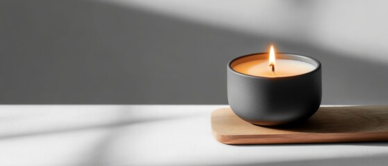 A lit candle in a sleek holder on a wooden surface, casting gentle shadows, creating a warm and calming ambiance.