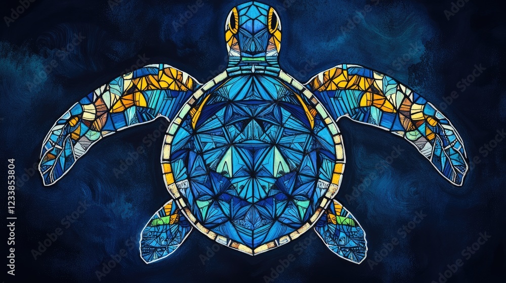 Poster Geometric blue turtle illustration with intricate patterns on a dark background showcasing artistic design and craftsmanship.