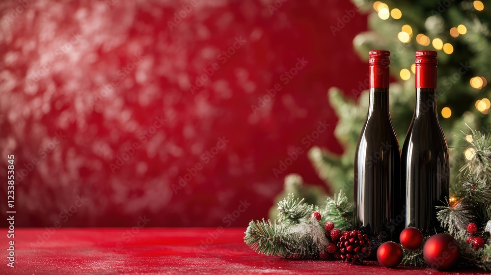 Aufkleber decorative wine bottles on red table with festive tree creating a warm holiday atmosphere and ample 