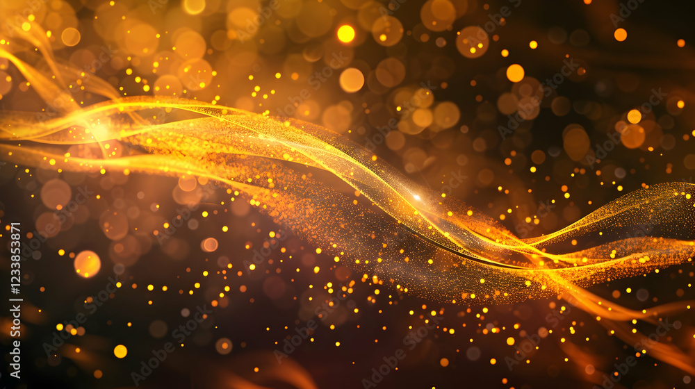 Poster a shimmering golden abstract background with flowing lines and sparkling particles.