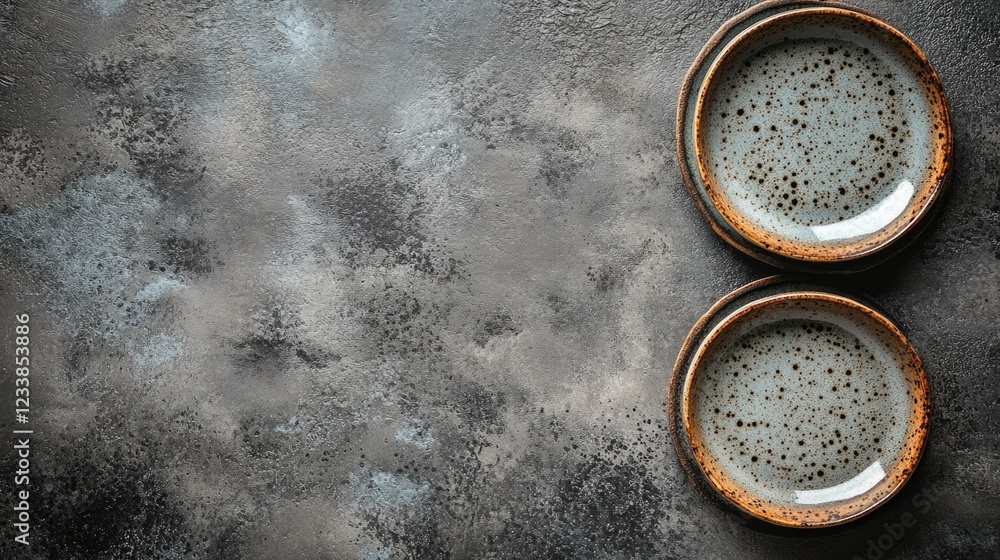 Aufkleber elegant ceramic plates against a textured grey background with ample empty space for customizable te