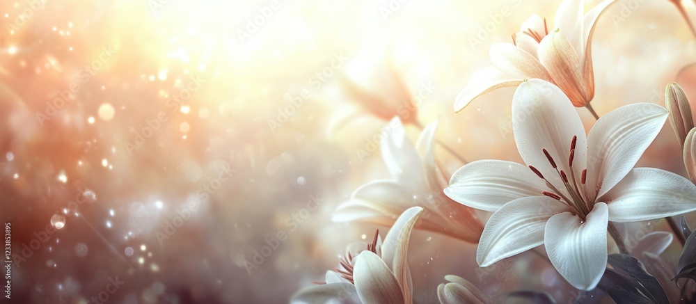 Poster white lilies blooming in garden with shallow depth of field and bokeh effect for elegant background 