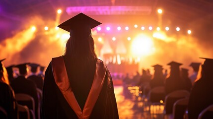 A graduate in cap and gown stands before a brightly lit stage during a ceremony, reflecting joy and anticipation as fellow graduates celebrate.