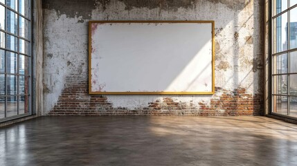 A spacious, industrial-style room with a large empty frame on a weathered wall, illuminated by natural light through large windows.
