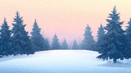 Fototapeta premium Serene Winter Landscape with Snowfall Majestic Evergreen Trees at Sunset Ideal for Seasonal Promotions or Holiday Greetings