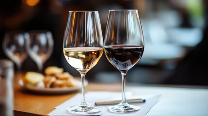 Two elegant wine glasses filled with white and red wine on a table set for a dining experience with snacks in the background.
