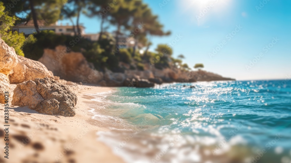 Aufkleber vibrant blurred background of a serene beach with clear waves and sunlit shoreline creating a tranqu