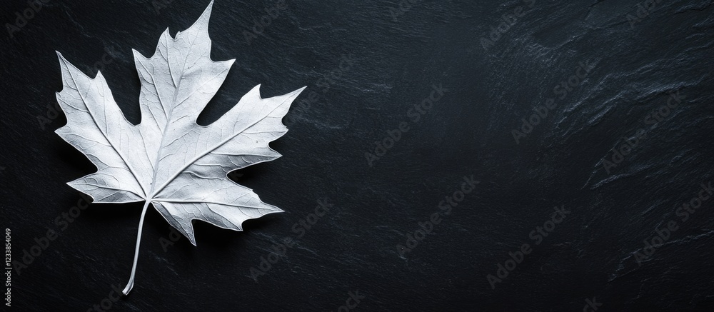 Poster white maple leaf on dark background with generous copy space for text or branding use in creative de