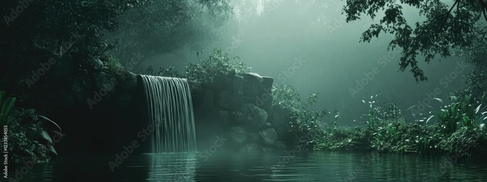Aufkleber serene waterfall in lush forest surrounded by misty atmosphere featuring ample copy space for design