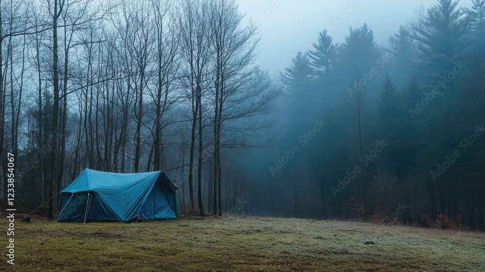 Aufkleber misty forest clearing with vibrant blue tent surrounded by trees and fog in a serene outdoor setting
