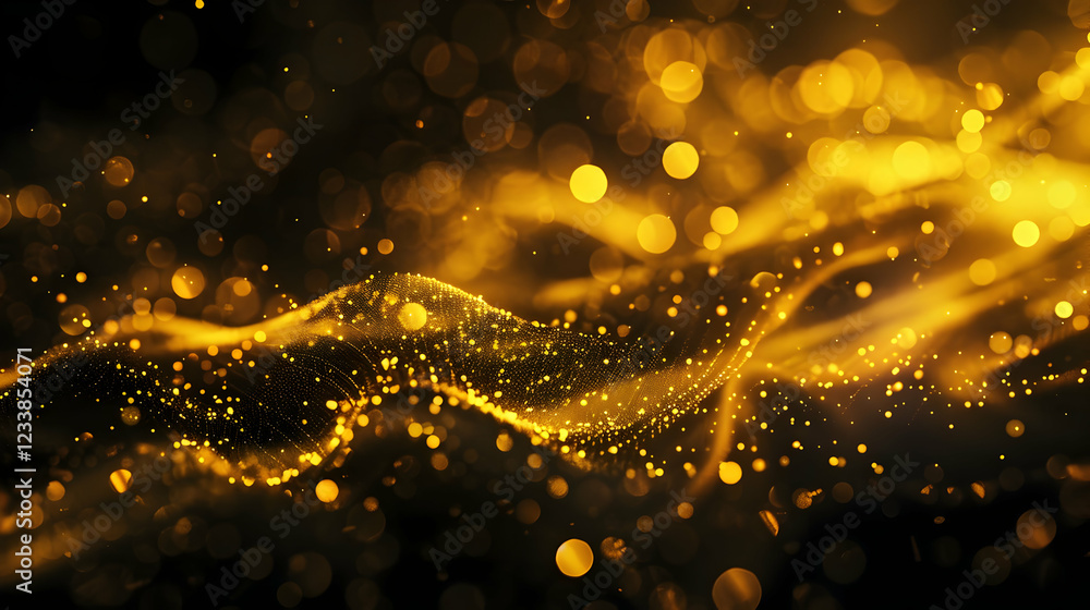 Poster a mesmerizing abstract representation of golden waves and particles.
