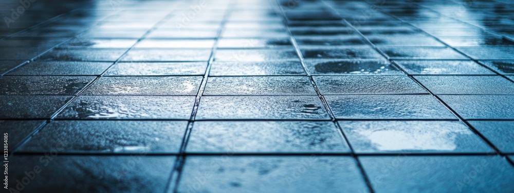 Poster urban wet paving tiles with reflective surface and empty space for text background in a modern city 
