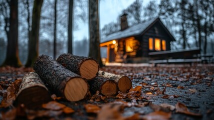 A cozy cabin surrounded by trees, illuminated warmly at dusk, with logs stacked nearby on a carpet of fallen leaves.