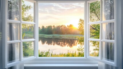 Charming window view of a serene river at sunrise surrounded by lush greenery and peaceful reflections in the water.