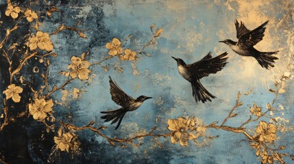 Three birds flying amidst gold blossom branches, blue textured background; home decor