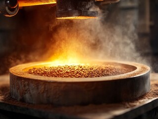 A glowing forge scene, showcasing molten metal being processed, with steam rising and an intense orange glow illuminating the workspace.