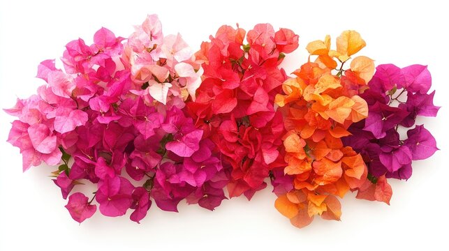 Colorful display of bougainvillea flowers in various shades of pink, red, and orange arranged artistically on a white background.